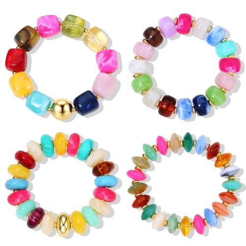 4 Pcs Chunky Beaded Bracelets for Women | Adjustable Colorful Resin Beads Bracelets Stretch Beaded Bracelet Boho Summer Beach Vacation Jewelry Gift - color: Color 4