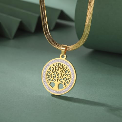 Dreamtimes Tree of Life Necklace for Women Stainless Steel Gold Color Clear Zircon Round Pendant Neck Chains Family Tree Fashion Charm Luxury Jewelry Wedding Gift - color: GOLD-2
