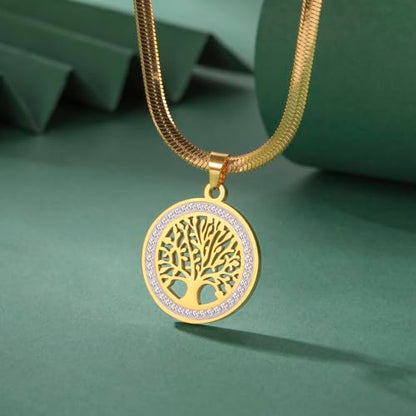 Dreamtimes Tree of Life Necklace for Women Stainless Steel Gold Color Clear Zircon Round Pendant Neck Chains Family Tree Fashion Charm Luxury Jewelry Wedding Gift - color: GOLD-2