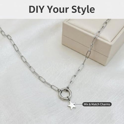 14K Gold Plated Paperclip Chain Necklace，Open Carabiner Spring Clasp for DIY Add-On Pendant Adjustable Gold Necklace for Women - color: SILVER