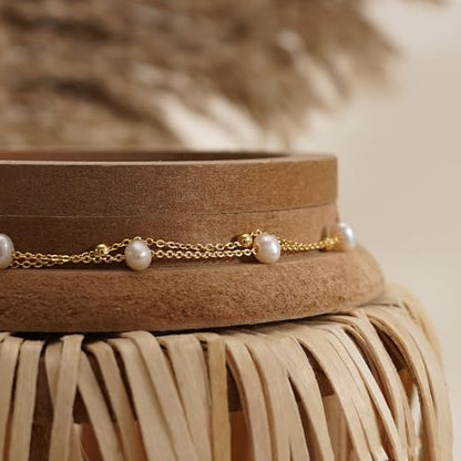 Pearl Bracelets for Women, 14k Gold Plated Dainty Beaded Bracelets Stack Link Chain Charm Bracelets Set Layered Tiny Jewelry for Women Christmas Gifts - style: GD-1
