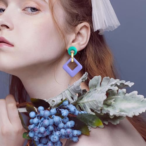 70s 80s Vintage Resin Neon Square Dangle Drop Earrings Simplicity Acrylic Hollow Round Circle Geometry Stud Earrings for Women - style: Blue Purple