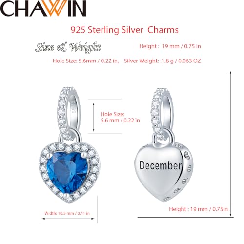 CHAWIN Birthstone Charms, 925 Sterling Silver Heart Dangle Charm, Sparkling CZ Compatible with Pandora Charm Bracelet, Necklace, Birthday Gifts for Women/Wife/Mother - style: 12# December