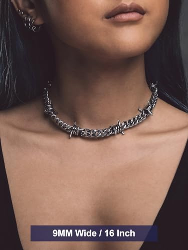 Bandmax Stainless Steel Barbed Wire Cuban Chain Necklace for Men & Women | Edgy Fierce Design, Waterproof & Tarnish Resistant, Silver/Black Tone, 5/7/9/12MM, 16-22 Inches, Street Punk Style Jewelry - color: A1 9MM-Silver, size: 16 Inch (40cm, Hottest Chok