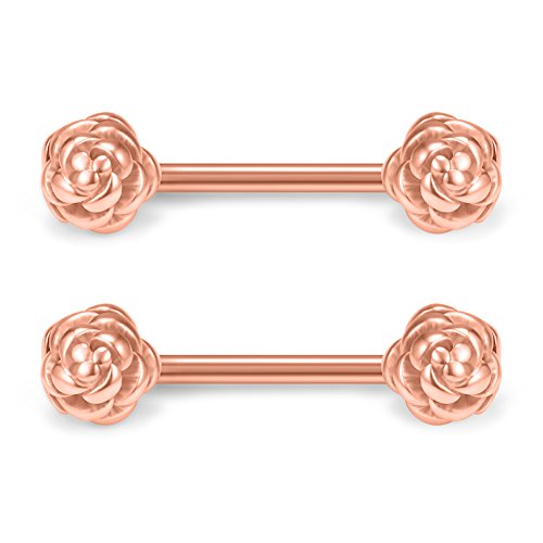 316L Stainless Steel Vintga Flower Rose Nipple Shield Barbell Ring Bar Body Piercing 14G 2-12PCS - color: 2pcs - Rose Gold
