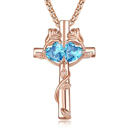 Rose Gold Cross Necklace with 2 Birthstones and Rose | Cross with Birthstone Necklace, Hypoallergenic, Adjustable Rolo Chain, Birthday Gifts, Catholic Christian Religious Jewelry - color: 12-12-Dec-Dec Birthstone