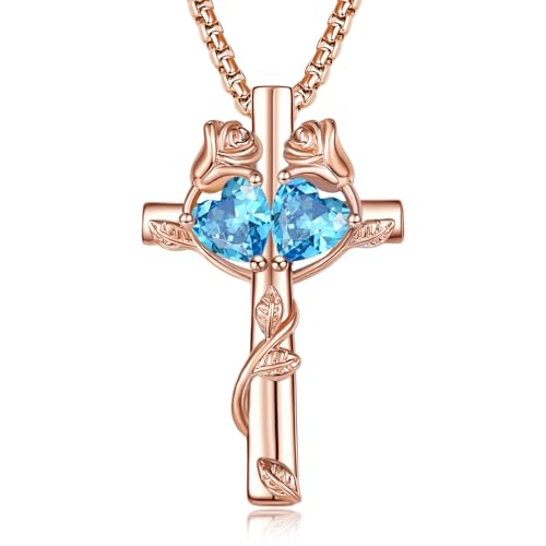 Rose Gold Cross Necklace with 2 Birthstones and Rose | Cross with Birthstone Necklace, Hypoallergenic, Adjustable Rolo Chain, Birthday Gifts, Catholic Christian Religious Jewelry - color: 12-12-Dec-Dec Birthstone
