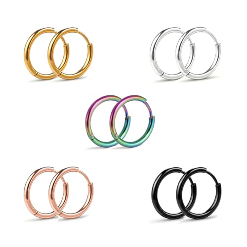 Small Gold Silver Hoop Earrings for Women Men | Stainless Steel Huggie Hoops Earring Stacks for Multiple Piercing 6mm-16mm - color: 14mm (5 Colors), 5 Pairs