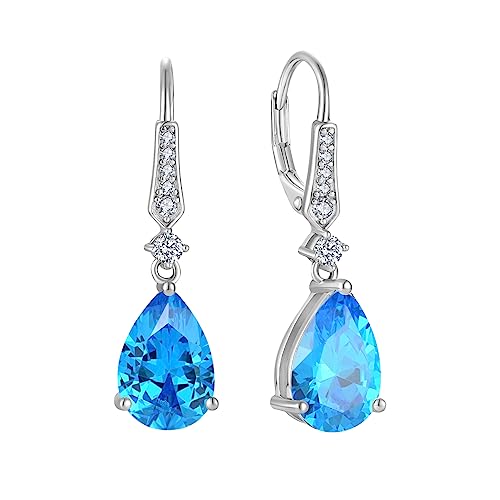 Women 925 Sterling Silver Birthstone Teardrop Leverback Drop Dangle Earrings 8 * 12mm 5A Cubic Zirconia Jewelry for Her - color: March,Aquamarine Color