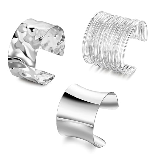 3PCS Chunky Cuff Bracelets for Women Irregular Minimalist Statement Bangle Bracelets Set Open Wide Wire Grooved Hammered Bangle Bracelet Gold Sliver Wrist Cuff Wrap Bracelet Adjustable - color: Silver Cuff Bracelets A