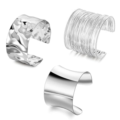 3PCS Chunky Cuff Bracelets for Women Irregular Minimalist Statement Bangle Bracelets Set Open Wide Wire Grooved Hammered Bangle Bracelet Gold Sliver Wrist Cuff Wrap Bracelet Adjustable - color: Silver Cuff Bracelets A
