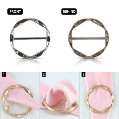Tie Clips for Women & Girls - Twist Tee Knot Scarf Clip Waist Clothes Corner Knotted Button Fashion Metal Circle Buckle Alloy Clothing Ring Wrap Holder Round Scarves Clasp