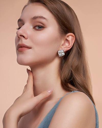 SNGIA 18K Gold Plated Chunky Statement Stud Earrings for Women by SNGIA, Geometric Square Triangle Irregular Knot Dome Earrings, Ribbed Ribbon Textured Gold Silver Fashion Jewelry Gift - style: Silver Plated, Square