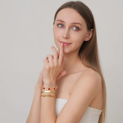 18 K Gold Plated Love Bangle Bracelet Stack for Women,Set of 4 Floral Clover Chain, Tennis Crystal &Gold Stackable Bangle Bracelet -Adjustable Layered Jewelry Gift for Wife Valentines Mother's Day-MVCOLEDY - color: Red