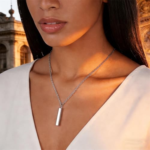 Geometric Bar Pendant Necklaces for Women Men – Fashion Rectangular Long Necklace, Minimalist Trendy Gifts for Men Women - color: Silver