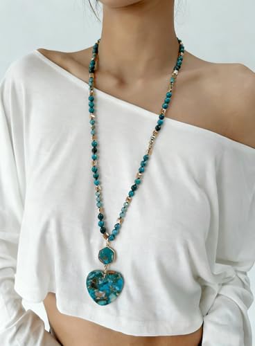 Yomisa Long Necklaces for Women Trendy, 33/34/35 inch | Boho Beaded Necklaces for Women, Natural Stone Pendant, Handmade Knotted Bead, Bohemian Holiday Summer Western Charm Jewelry - color: Love-Turquoise
