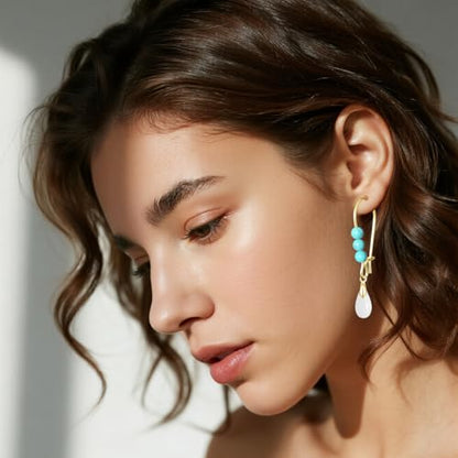 Natural Waterdrop Stone Drop Earrings,Gold Plated Real Genuine Teardrop Crystal Quartz Gemstone Pin Hoop Earrings Hooks Statement Dangle Dangling Earrings for Women Her - color: A04_White Agate