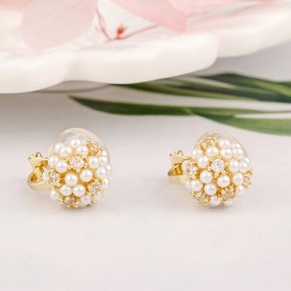 Minimalist Simulated Pearl Zircon Stud Clip on Earrings for Women Non-pierced Clip Earrings Gold Tone