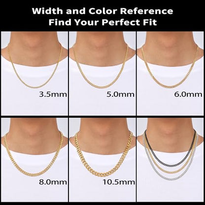 Fiusem 3.5mm Cuban Link Chains for Men, Silver Tone/Black/14K Gold Plated Stainless Steel Necklace Chain, Mens Necklace 16, 18, 20, 22, 24, 26, 28 Inch - size: 18 inches, style: c.3.5mm width-gold plated