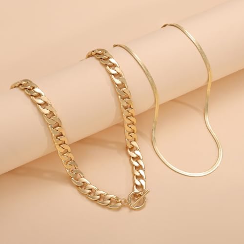 CHESKY 14K Gold Plated Chunky Necklace for Women, Trendy Toggle Clasp | Statement Pendant Necklace, Layered Paperclip Chain, Toggle Clasp Design, Thick Gold Chain, Non Tarnish Everyday Jewelry - color: gold, style: cuban+herringbone