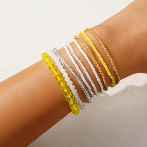 Handmade Stackable Rice Seed Beaded Ball Bracelets set for women, Romantic Boho Trendy Acrylic Glass Stretch Accessories Multi Layer Jewelry, Daily Wear Party Holiday Friendship Gift - color: Yellow