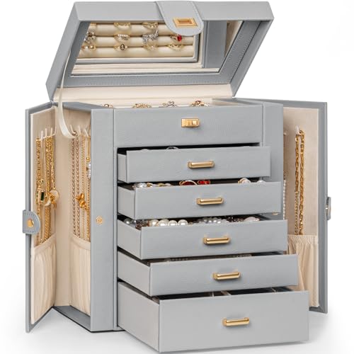 AKOZLIN 6-Tier Jewelry Box Organizer Functional 5 Drawers Leather Jewelry Storage Case for Women Girls Ring Necklace Earring Bracelet Holder Organizer with Mirror Medium Grey - color: Grey, size: Medium