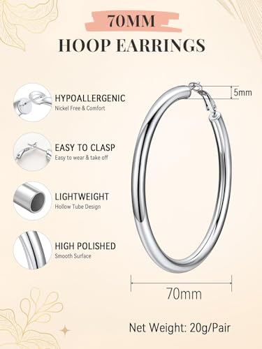 FaithHeart Silver/Black/Gold Stainless Steel Chunky Hoop Earrings for Women | Hypoallergenic Lightweight Hoop Earrings, Trendy Statement Thick Hoop, 20/30/40/50/60/70/80mm - color: Silver, size: 70mm