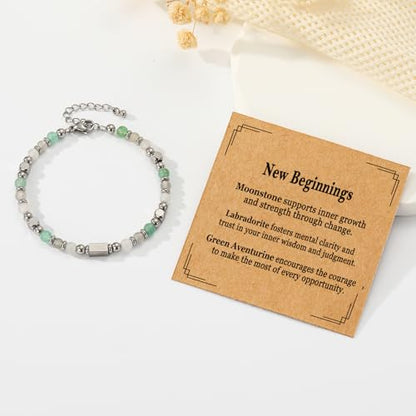 Natural Healing Crystal Bracelet for Women, Triple Protection Anxiety Relief New Beginnings Good Luck Empath Protection Jewelry Gift for Friends Daughter Mom 6.5+1.8 Inches - color: New Beginnings-S