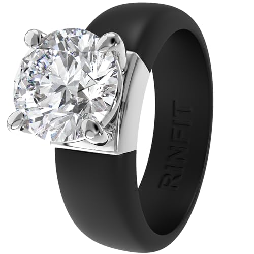 Rinfit Silicone Ring with Stone, Round Cut CZ | AAAAA Grade Cubic Zirconia, Solitaire Engagement Ring for Her, Flexible Rubber Wedding Band for Women, Patented Design - color: Pack C: Black / Silver