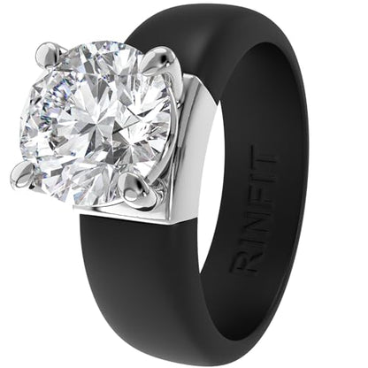 Rinfit Silicone Ring with Stone, Round Cut CZ | AAAAA Grade Cubic Zirconia, Solitaire Engagement Ring for Her, Flexible Rubber Wedding Band for Women, Patented Design - color: Pack C: Black / Silver