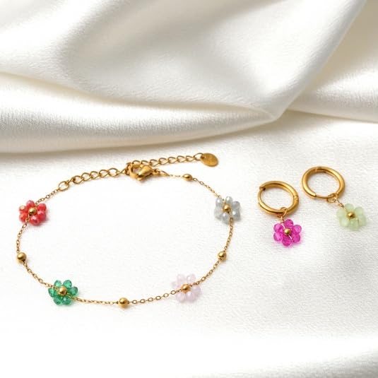 Daisy Pearl Jewelry Set for Women, 14K Gold Plated Stainless Steel Necklace Bracelet Earring 3 Piece Set, Dainty Pearl Choker Flower Necklace Birthday Gift for Her - color: Multi-color