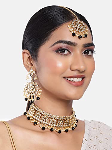 Aheli Elegant Indian Faux Kundan Studded Choker Necklace with Maang Tikka Set Ethnic Wedding Wear Bharatanatyam jewellery set Gift for Women - color: Black