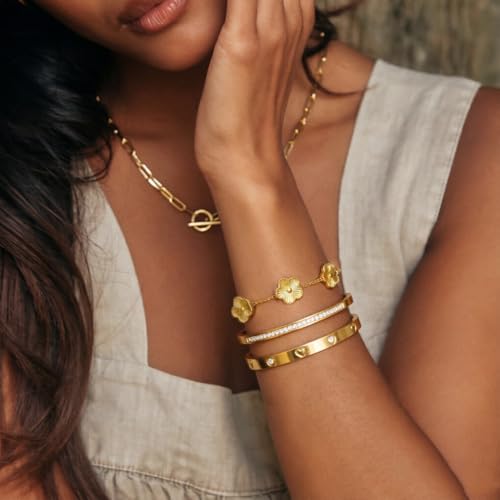 Gold Bangle Bracelets for Women -2PCS Friendship & Love Bangle Bracelet Clover Nail Bracelet Stack Set Trendy Non-Tarnish Stainless Steel Jewelry Gifts for Mom Wife Her - color: Gold 3PCS