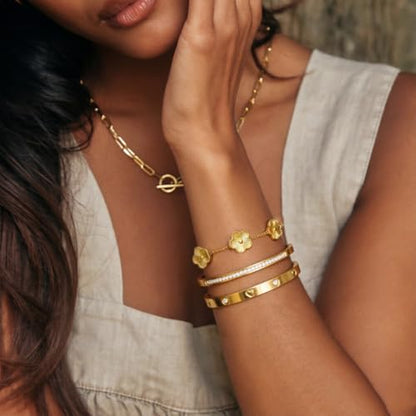 Gold Bangle Bracelets for Women -2PCS Friendship & Love Bangle Bracelet Clover Nail Bracelet Stack Set Trendy Non-Tarnish Stainless Steel Jewelry Gifts for Mom Wife Her - color: Gold 3PCS