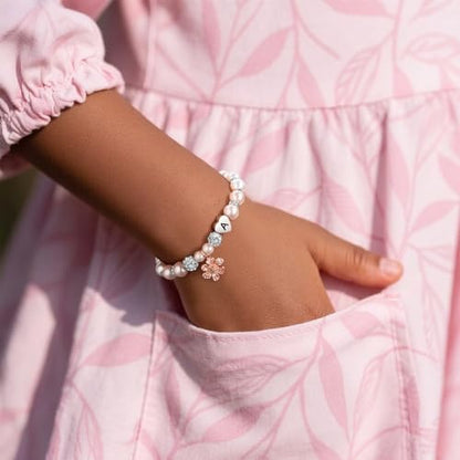 MONOOC Flower Charm Bracelet for Girls Kids - Birthday Gifts for Kids Girls | Gift Box Packaging, Flower Girl Gift，Adjustable Length， Pink Beaded Bracelet for Teen Girls Kids，Unique Initial Bracelet - color: B