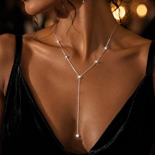 Lariat Gold Necklace for Women, 14K Gold Plated Dainty Drop Y Necklace, Waterproof Non Tarnish Long Layered Beaded Chain Lariat Necklace Prom Jewelry Summer Vacation Gift for Her - color: Silver-8