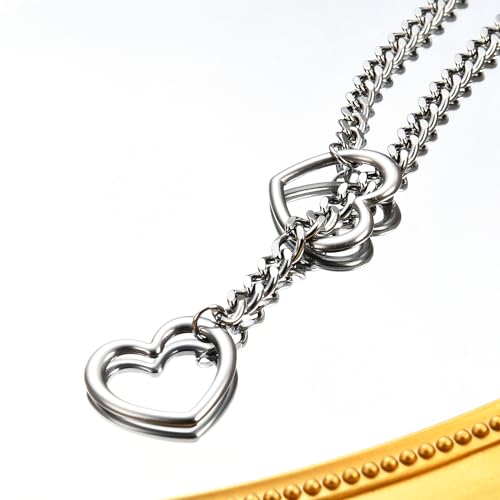 Qitian Stainless Steel Adjustable Lariat Y-Necklace for Men,Punk Gothic Cuban Necklace Jewelry,Heart O-ring Slip Chain Necklace for Women - color: Silver