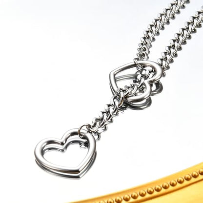 Qitian Stainless Steel Adjustable Lariat Y-Necklace for Men,Punk Gothic Cuban Necklace Jewelry,Heart O-ring Slip Chain Necklace for Women - color: Silver