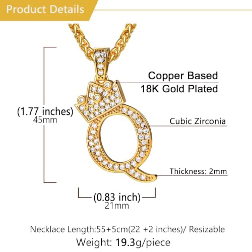 U7 Crown Initial Necklace Men Women, Bling Diamond A-Z 0-9 Letter Pendant with Wheat Chain, Silver/Black/Gold Plated CZ Alphabet Number Hip Hop Jersery for Father Husband - color: a. Gold, size: 17. Q
