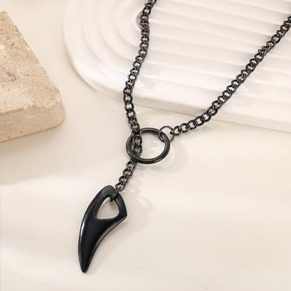Slip Chain Necklace for Women Gothic Stainless Steel Bar Pendant Cuban Link Necklaces Adjustable Goth O Ring Long Necklaces Punk Rock Collar Choker Trendy Lariat Y Necklace - color: Black tooth