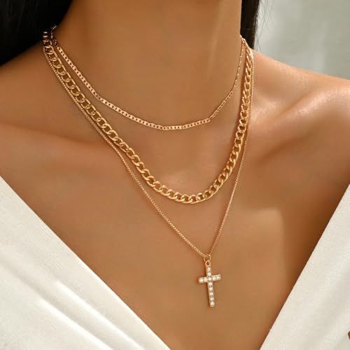 Necklace 14K Gold Plated Three-Layer Sparkling Cross Pendant Elegant Timeless Design Lobster Clasp Adjustable Extender - style: 14K Gold 3-Layered Cross with Diamond