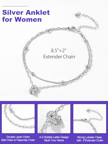 Richsteel Initial Ankle Bracelets for Women Waterproof, 14K Gold Plated/Silver Stainless Steel Anklets, Dainty Adjustable Layered Anklets with Bubble Letter, Non Tarnish Summer Beach Jewelry with Gift Box - color: G-Silver