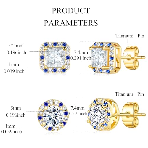 Titanium Stud for Sensitive Ears, Gold Plated Halo Cubic Zirconia Earrings - color: Round & Square Yellow Stud
