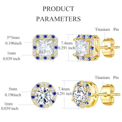 Titanium Stud for Sensitive Ears, Gold Plated Halo Cubic Zirconia Earrings - color: Round & Square Yellow Stud