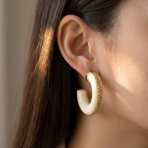 Gold Plated Resin Chunky Hoop Earrings Hypoallergenic Push Back Hoops for Sensitive Ears - color: Creamy