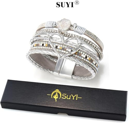 Suyi Multilayer Leather Wrap Bracelet Heart-Shape Wide Bracelets for Women - color: Color Silver