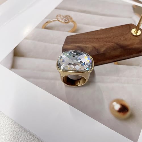 Chunky Square Crystal Glass Stainless Steel Statement Ring for Women Men Gold-Tone Plated Exaggerated Large Geometric Green Cubic Zirconia Finger Band Knuckle Rings Cocktail Prom Fashion Jewelry - color: Clear