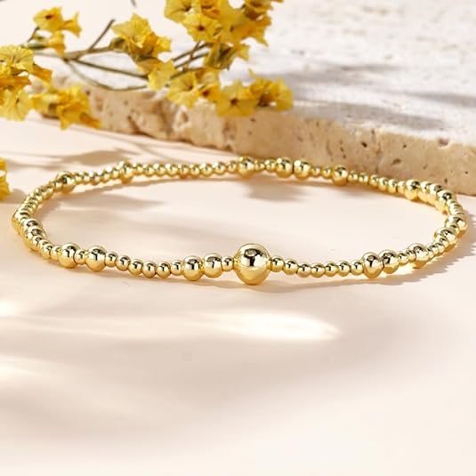 Gold Beaded Bracelet Stack for Women Colorful Small Seed Beads Bracelets Set Boho 14K Gold Plated Ball Stackable Stretch Non-Tarnish Dainty Jewelry Trendy Accessory Friendship Gift - color: Gold