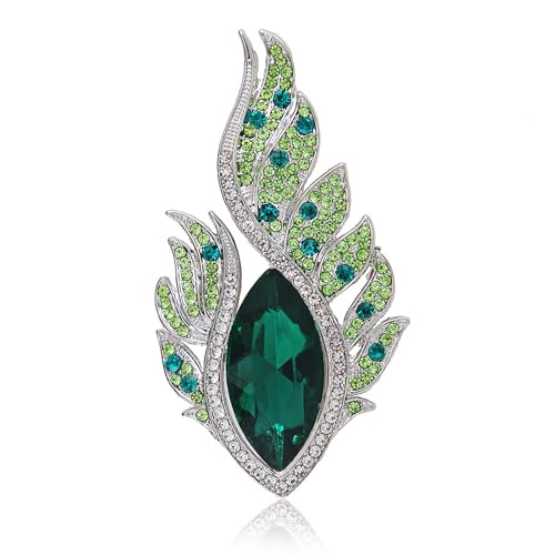 Rhinestone Feather Brooches for Women Men,Vintage Animal Peacock Pin Gold/Silver/Blue/ Crystal Diamond Lapel Pins Fashion Enamel Feather Leaf Brooch Elegant Dress Coat Pin Decor Wedding Christmas Birthday Jewelry - color: Green