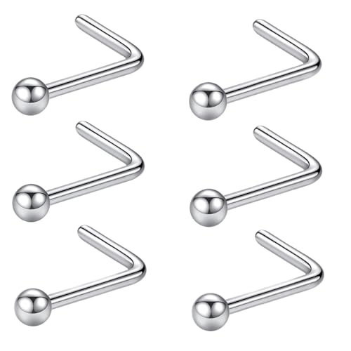 316L Surgical Steel 22g/20g/18g Nose Rings Studs L-Shape Nose Nostrial Piercing Body Jewerly L Shaped Nose Studs 1.5mm 2mm 2.5mm 3mm CZ Nose Screw Studs Rings for Women - style: 6pcs/L-shape/20g/1.5mm Ball/Silver